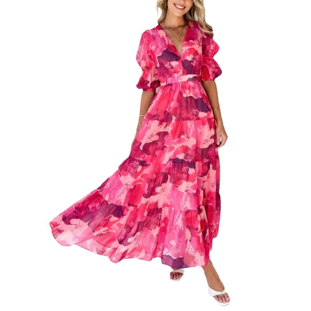 Floral Print V-Neck Bubble Sleeve Cinched-Waist Maxi Dress