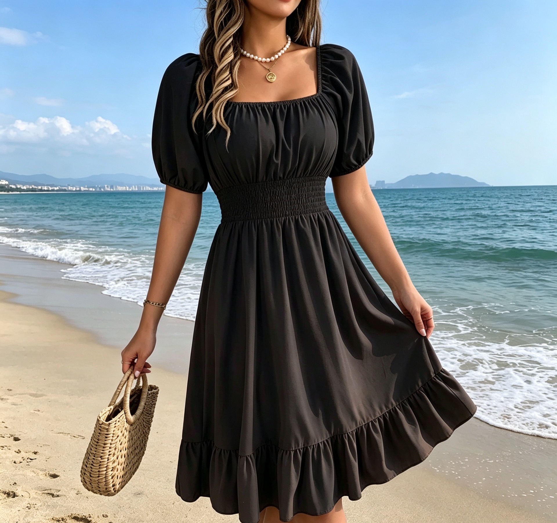 Women's Square Neck Short Sleeve Ruffle A-Line Dress