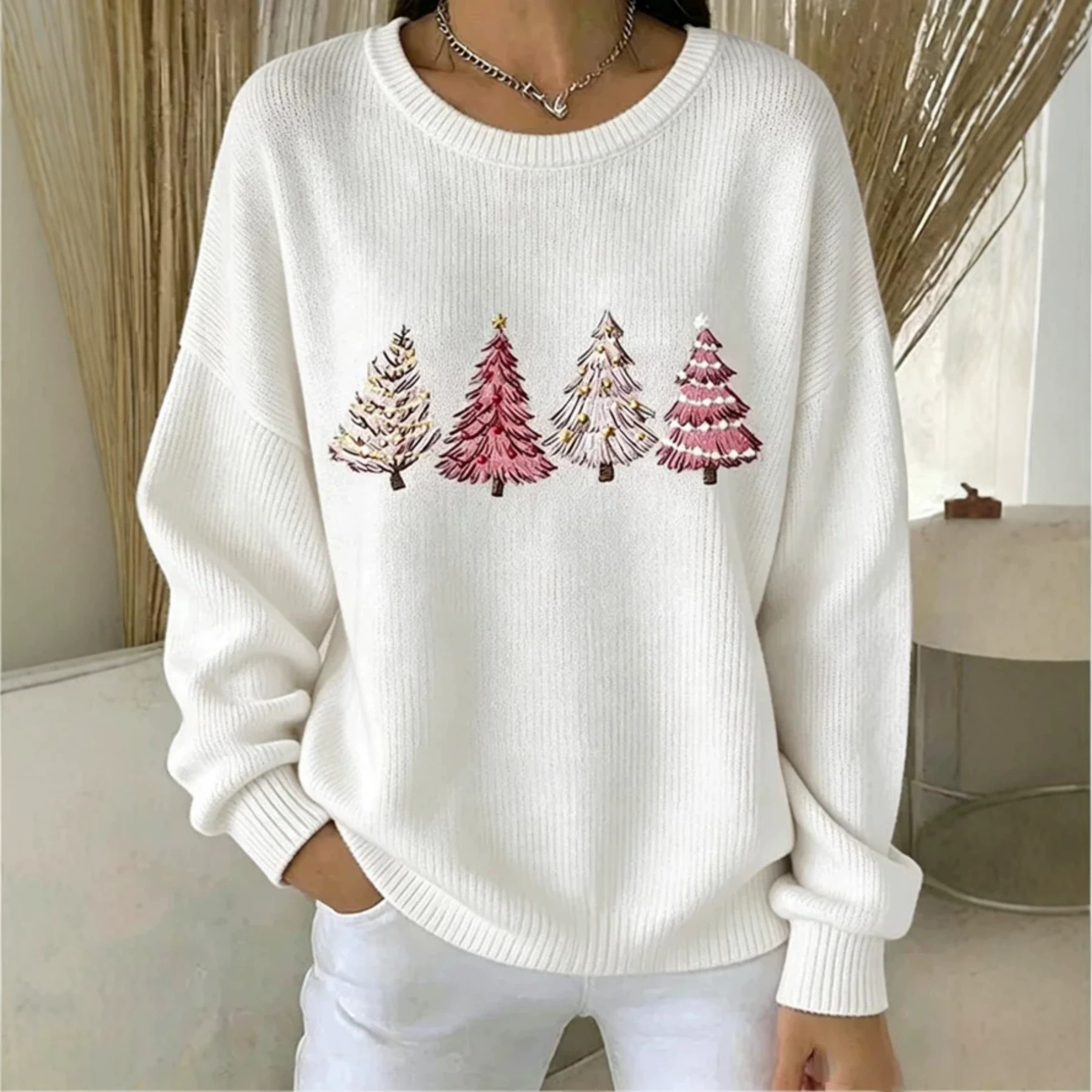Forest Tree Print Crewneck Long Sleeve Pullover Sweatshirt