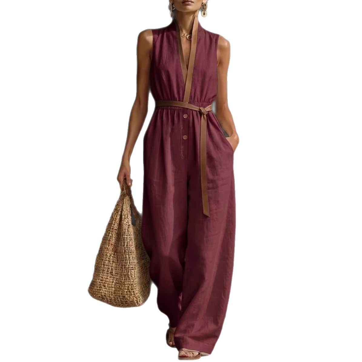 Sleeveless V-Neck Jumpsuit Women's Casual Straight-Leg