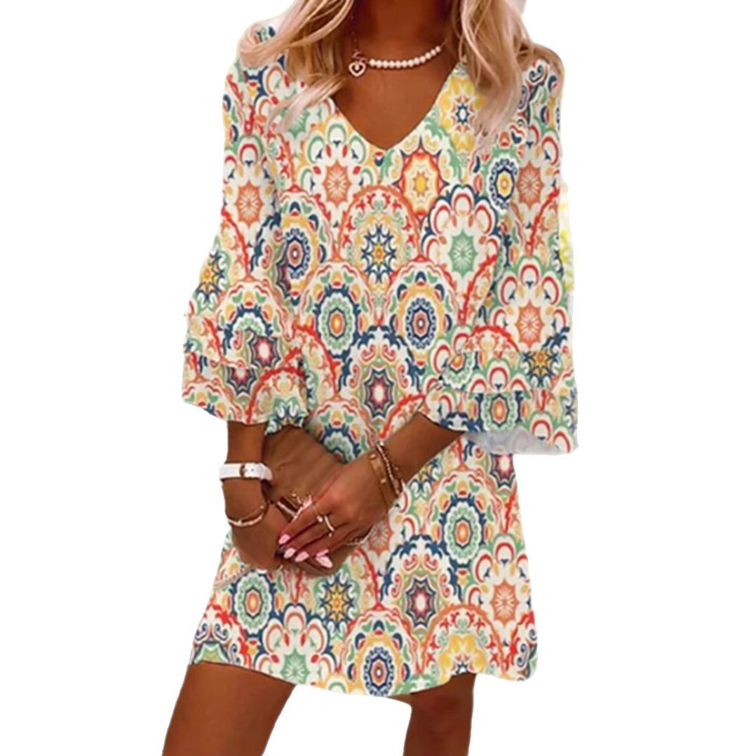Women's V-Neck Printed Midi Dress with Flared Sleeves