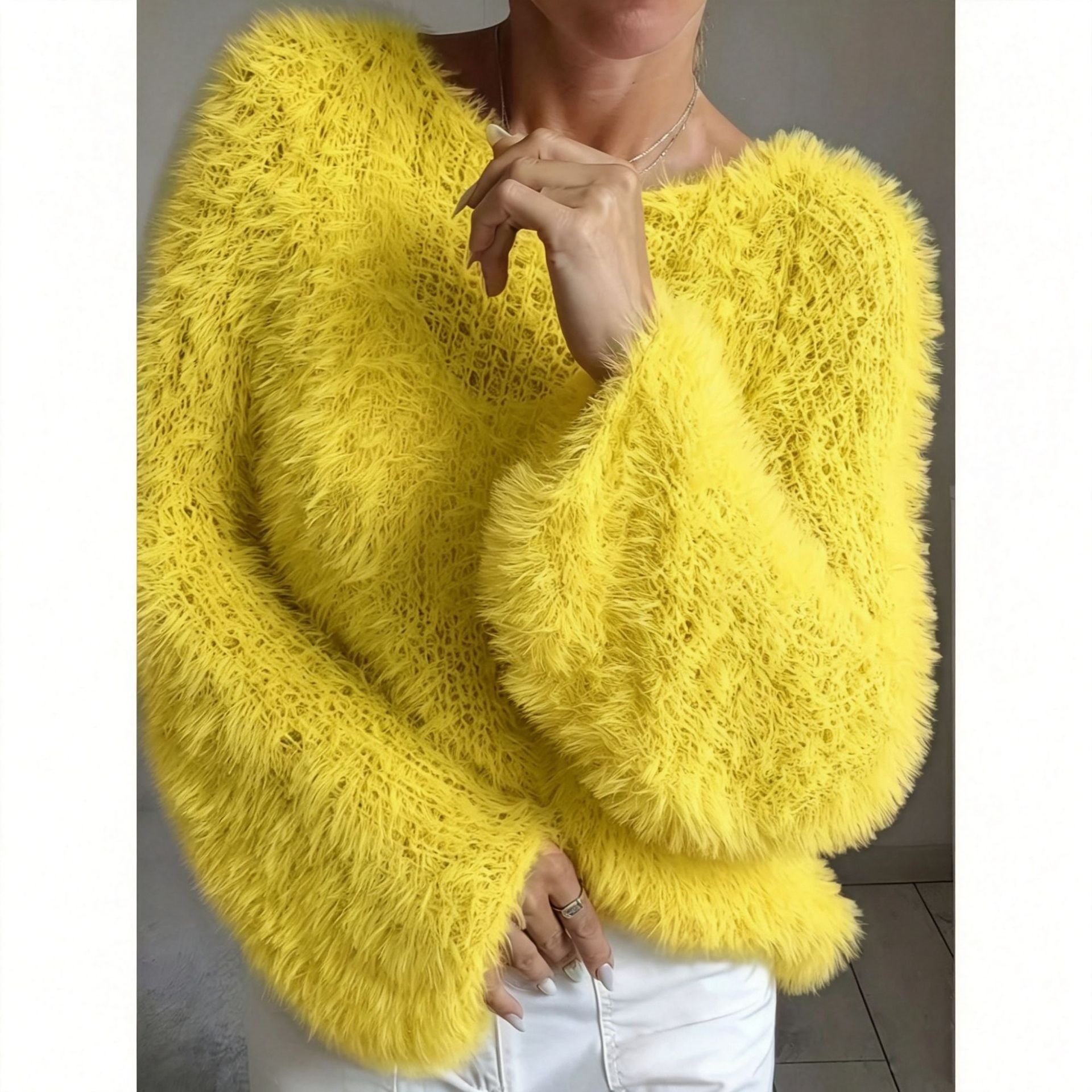 Macaron Color Crewneck Fluffy Long-Sleeve Top