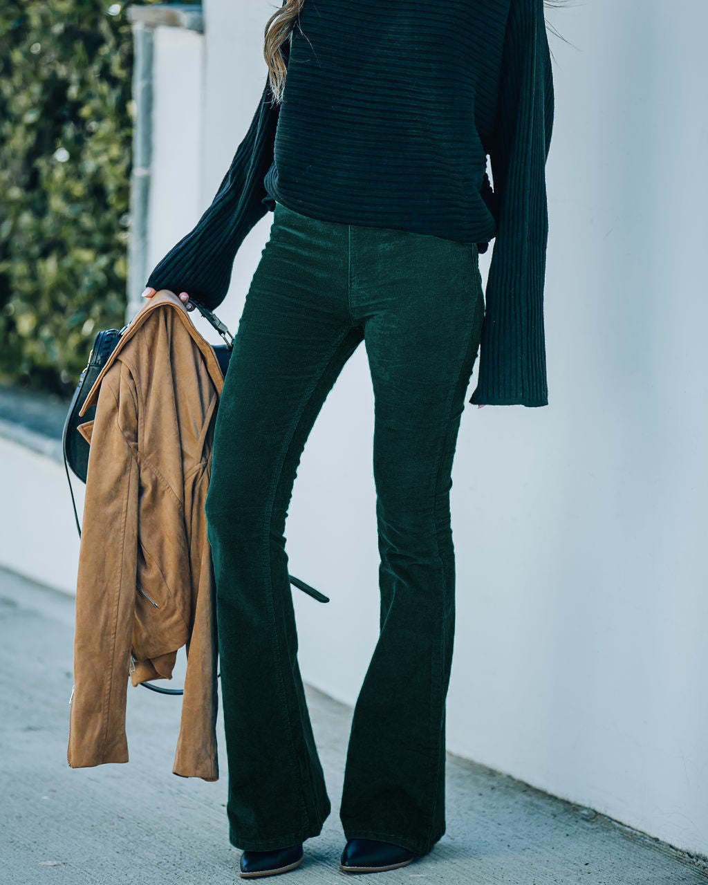 Women's Solid High-Waist Corduroy Flare Pants with Elastic Waist