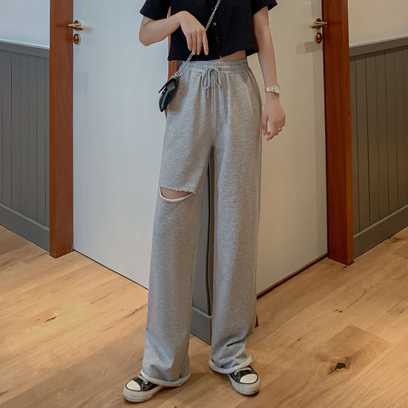 Distressed Gray Wide-Leg Sweatpants for Women High Waist Straight-Leg