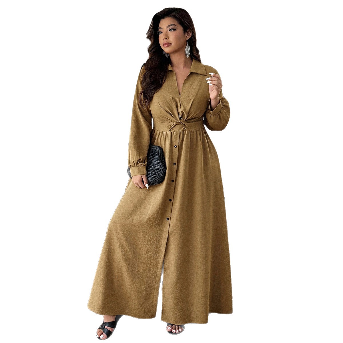 V-Neck Twist High-Waist Long Shirt Dress with Lantern Sleeves