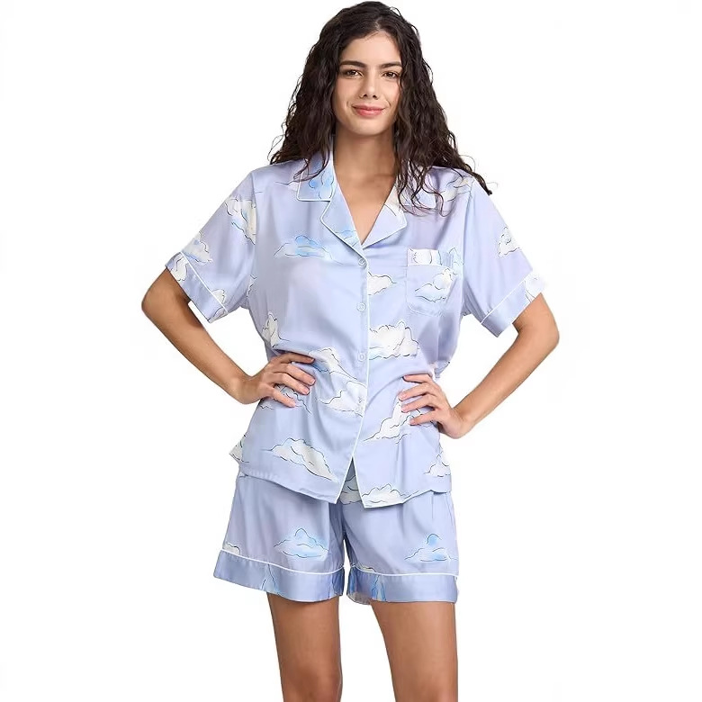 Women's Cuban Collar Satin Striped Print Short Sleeve Shirt Set