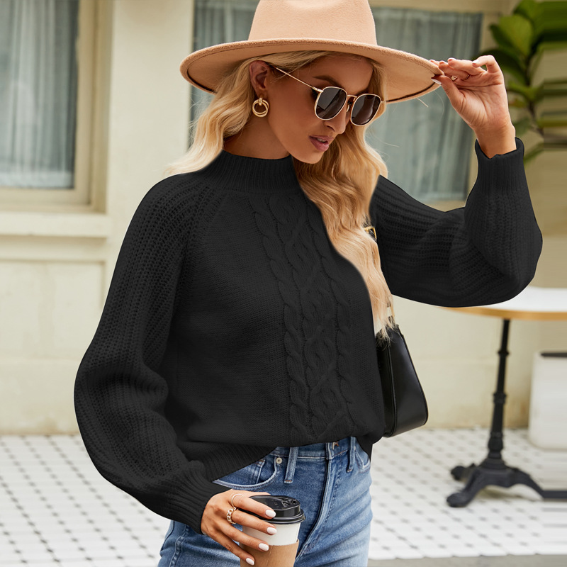 Women's Mock Neck Raglan Sleeve Cable Knit Pullover Sweater