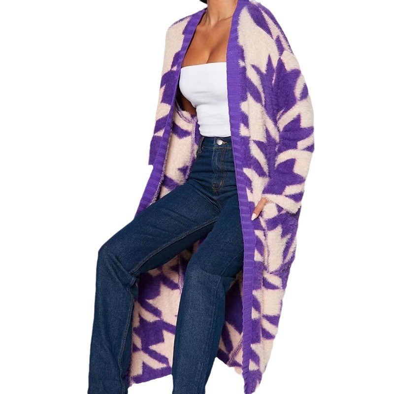 Geometric Houndstooth Knit Cardigan Faux Mink Long Sleeve