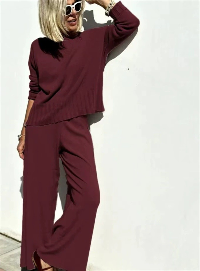 Lazy Style Knit Wide-Leg Pants Set with Pullover Sweater Women's Casual Two-Piece