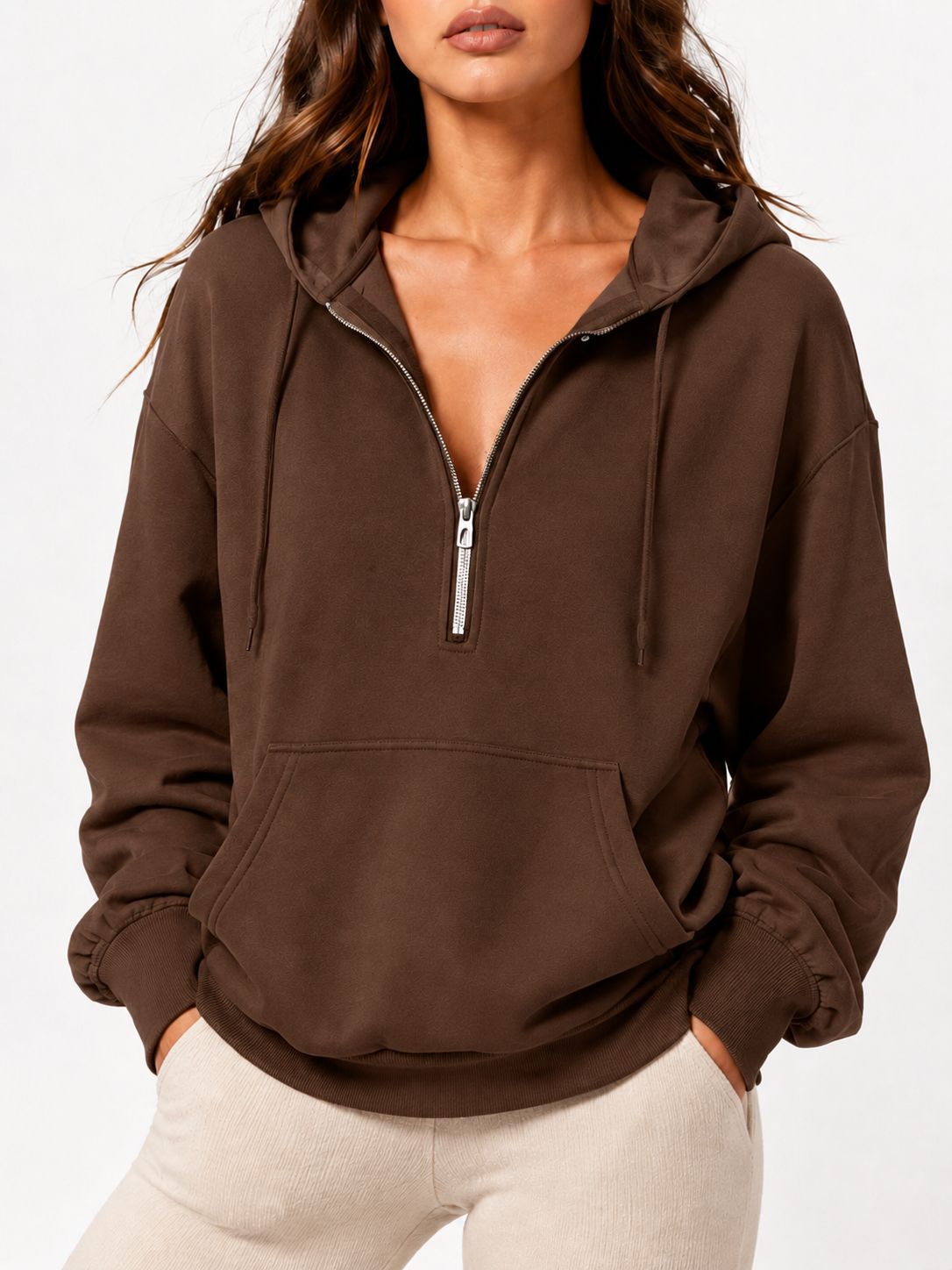 2026 Fall New Cross-Border European and American Loose Hooded Half-Zip Pocket Fall Winter Casual Sweatshirt Women's