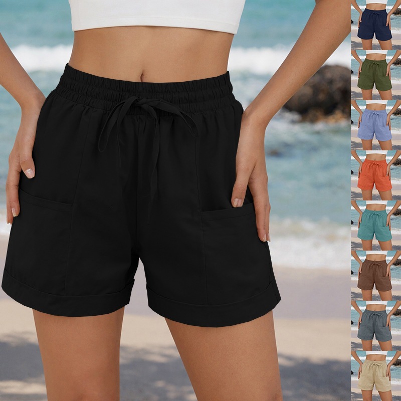 Rolled Hem Wide-Leg Shorts with Drawstring Waist and Pockets