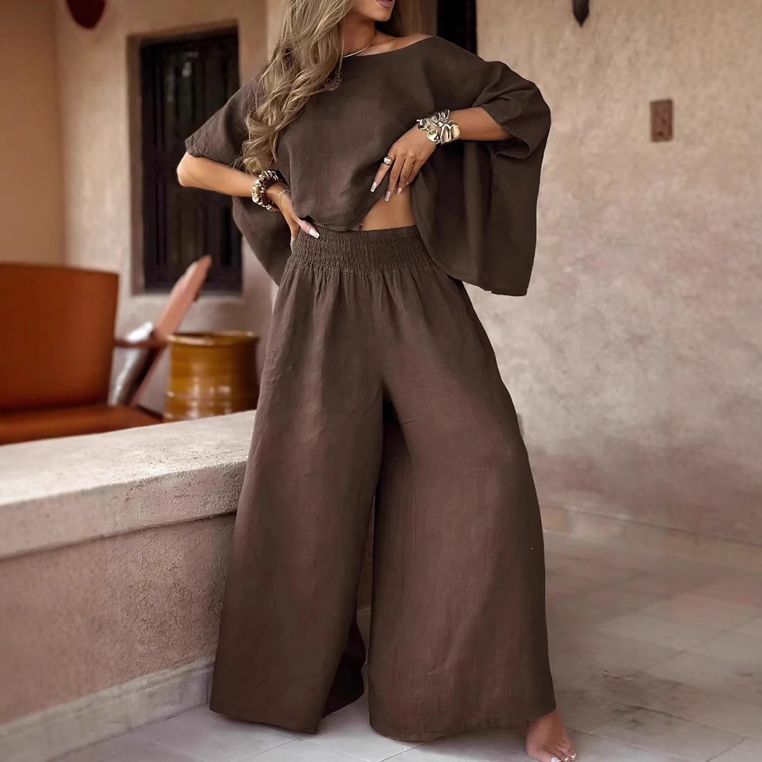 Women's Solid Color Off-Shoulder Bell Sleeve Top Set Casual Loose Summer Two-Piece