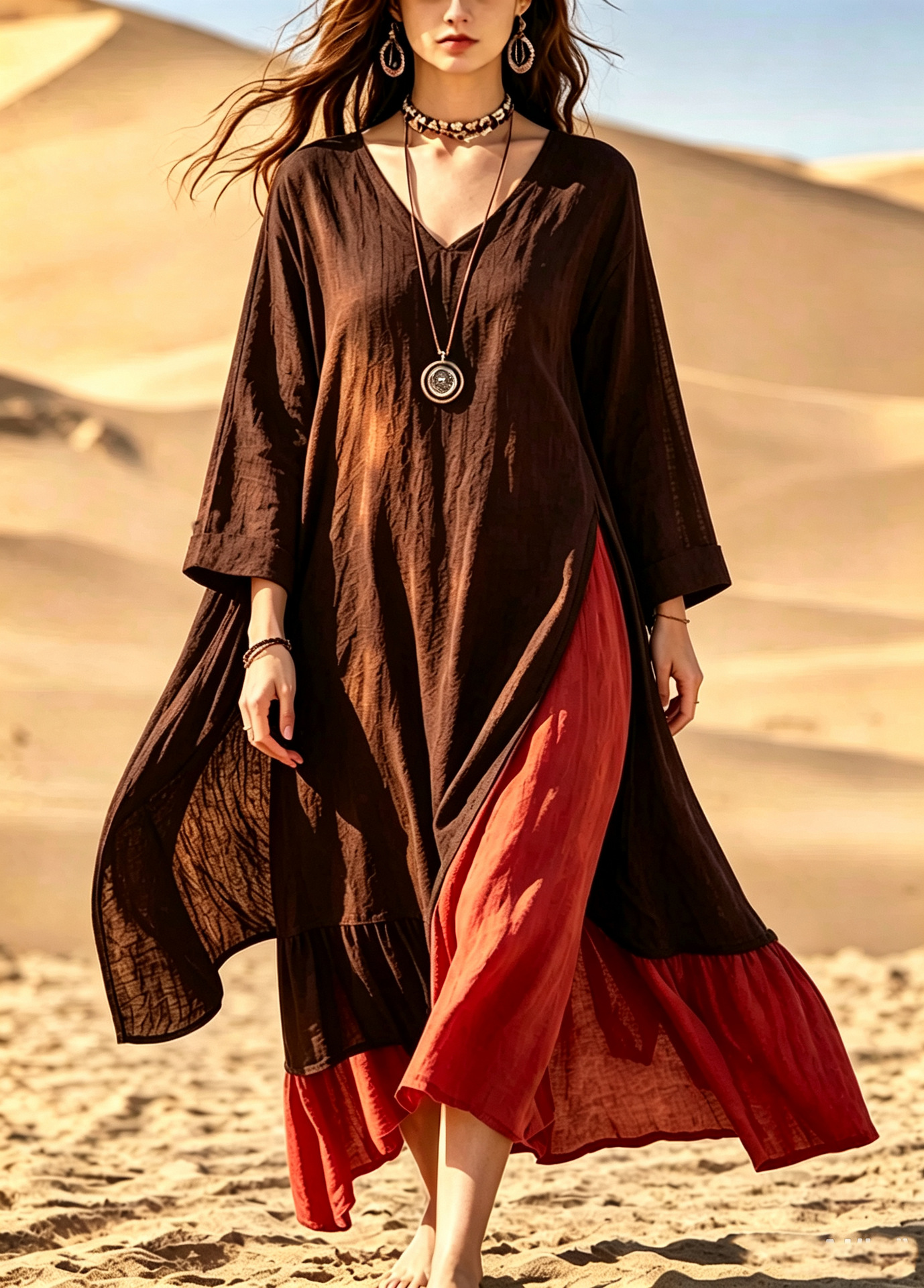 Bohemian Colorblock Patchwork Long Dress V-Neck Slit Beach Maxi