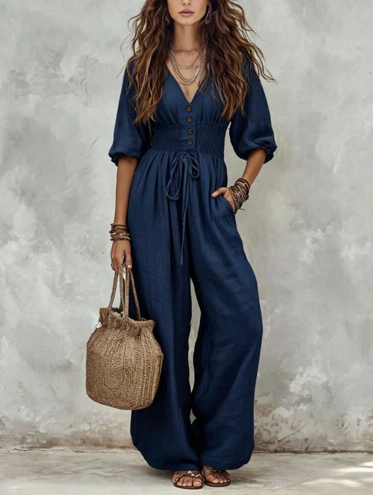 Lantern Sleeve Drawstring Waist Wide Leg V-Neck Jumpsuit