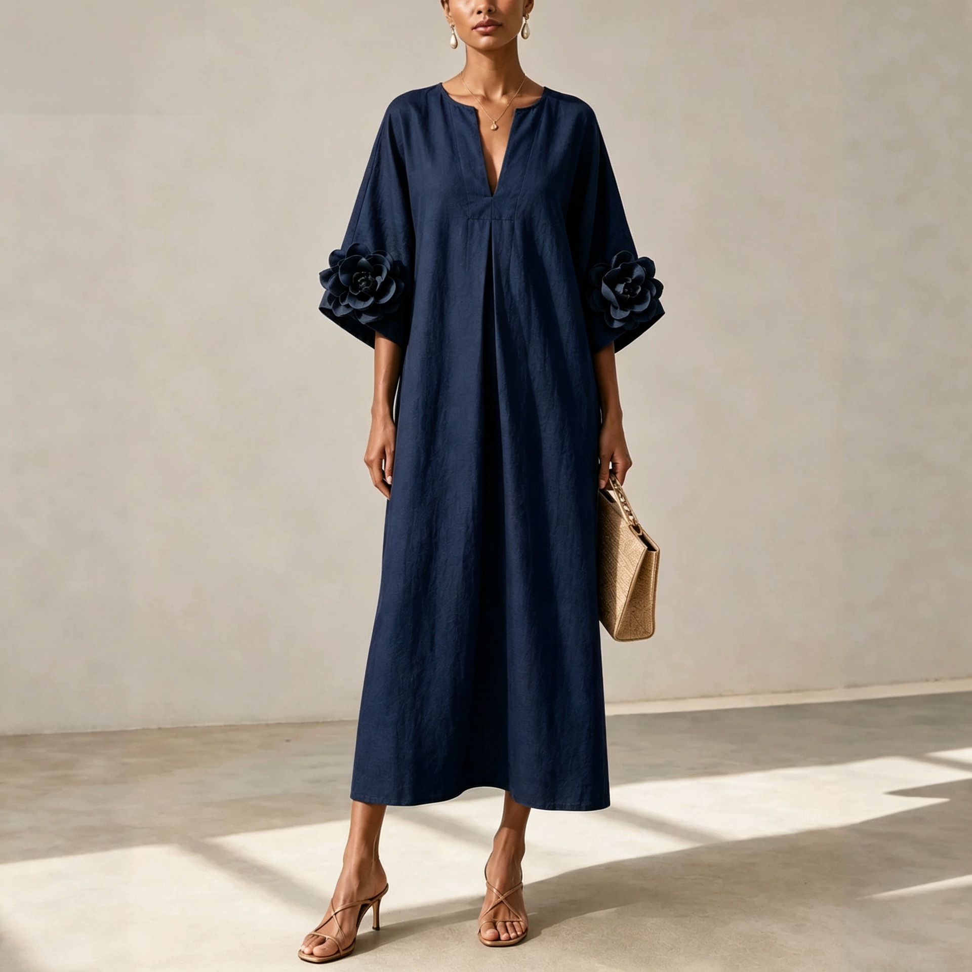 V-Neck Floral Midi Dress with Flared Sleeves