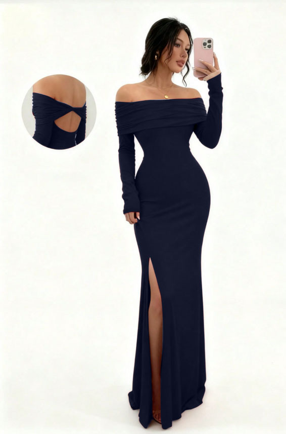 Long Sleeve Off-Shoulder Slit Bodycon Midi Dress