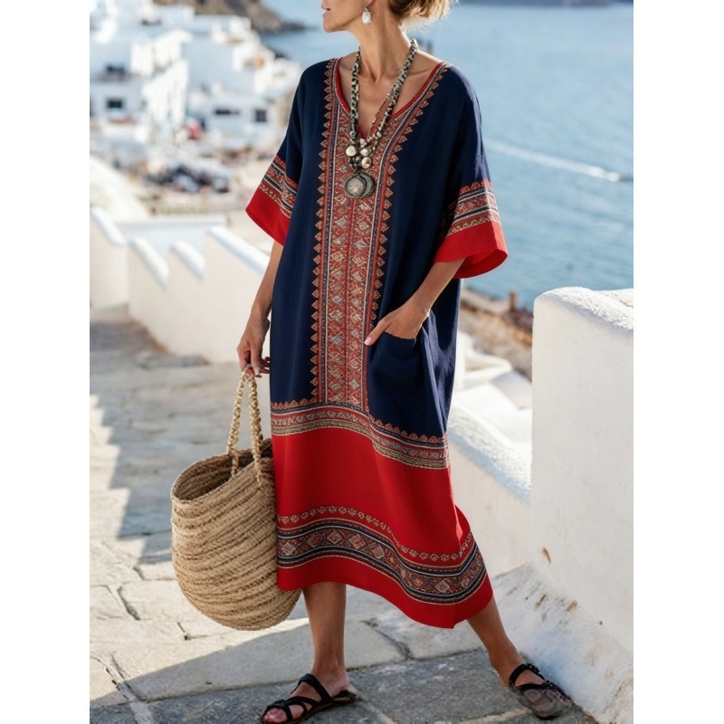 Women's Animal Print A-Line Midi Dress Long Sleeve Crew Neck Casual