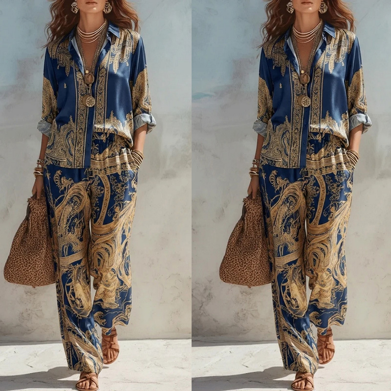 Women's Printed Long Sleeve Shirt & Wide-Leg Pants Set Casual Two-Piece