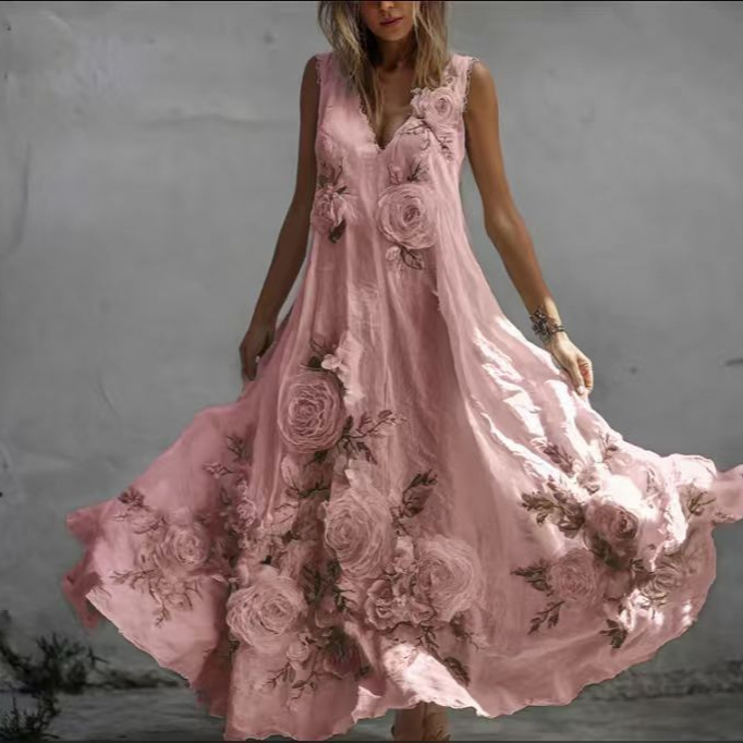 Women's Printed Sleeveless V-Neck Long Dress