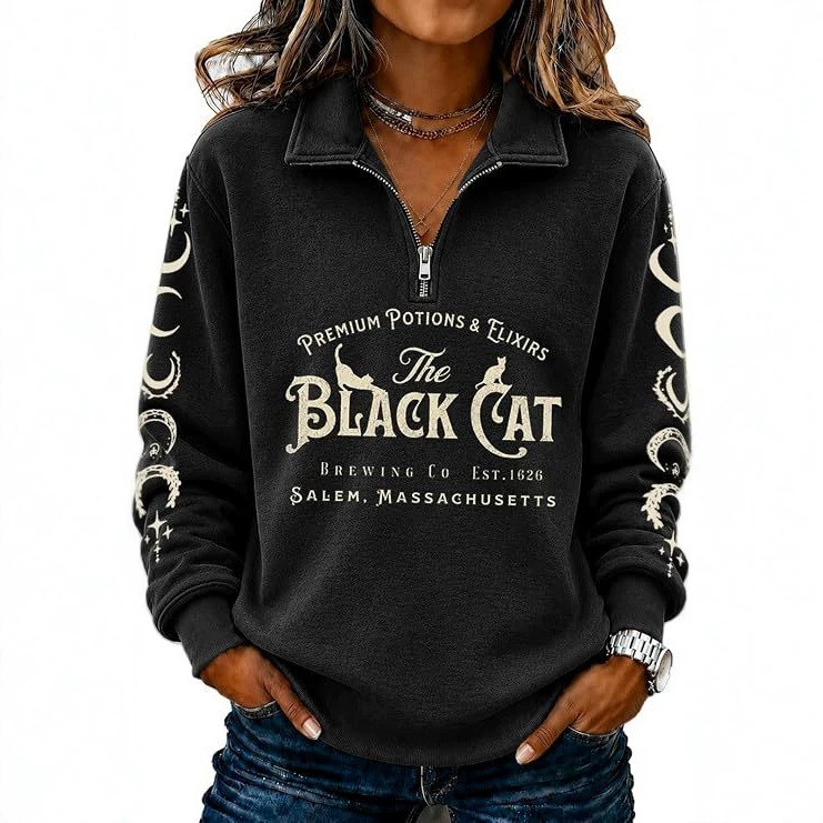 Women's Half-Zip Halloween Witch Skull Print Hoodie