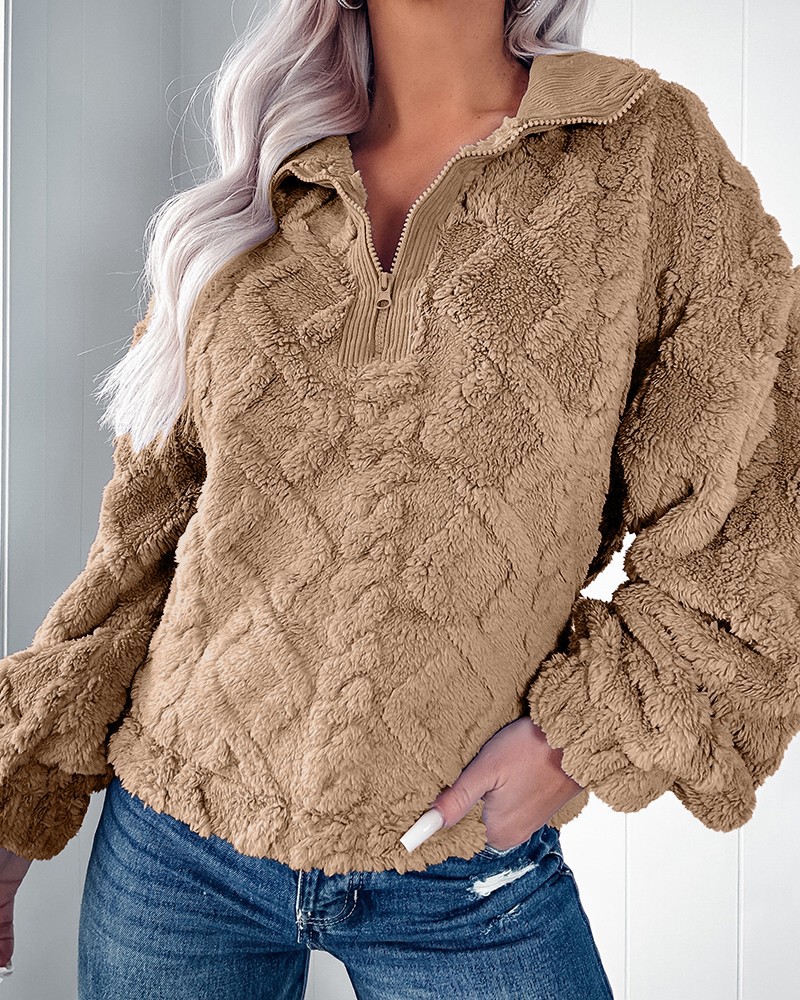 Women's Solid Color Fuzzy Pullover Top with Lantern Sleeves