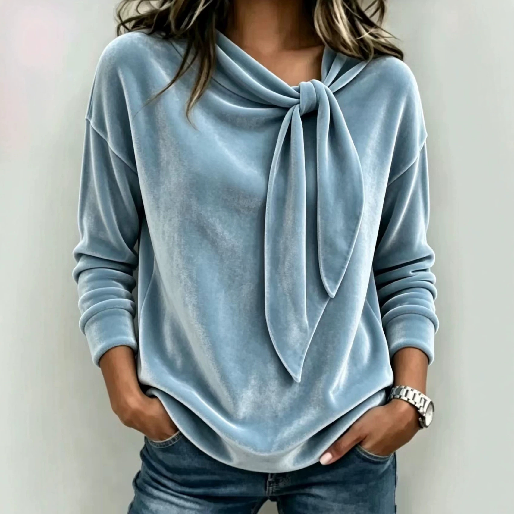Velvet Bow Sweater Solid Color Pullover Women's Top