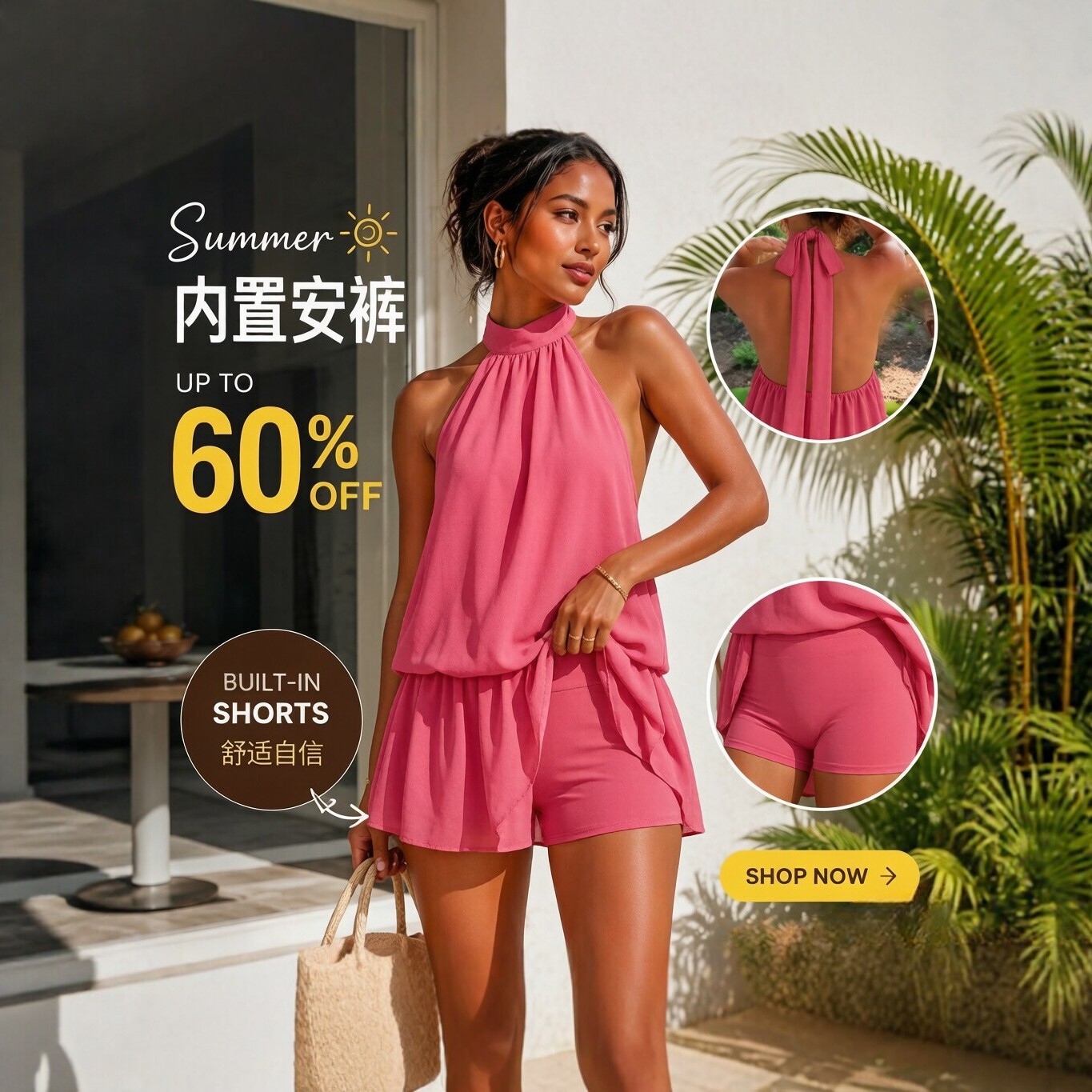 Women's Halter Open-Back Tie Chiffon A-Line Mini Dress with Built-in Shorts