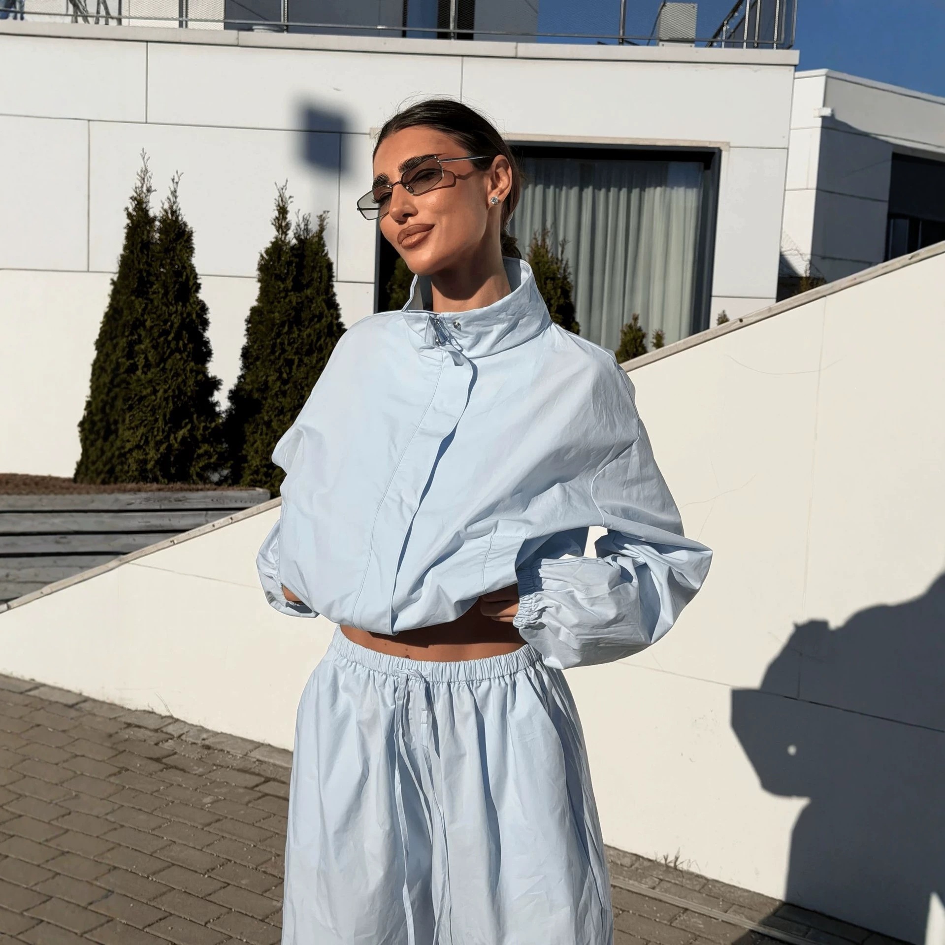 Women's Casual Tracksuit Set with Stand Collar Zip Cardigan and Wide-Leg Pants