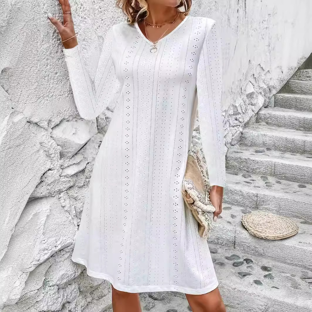 Women's Hollow Jacquard V-Neck Long Sleeve A-Line Midi Dress