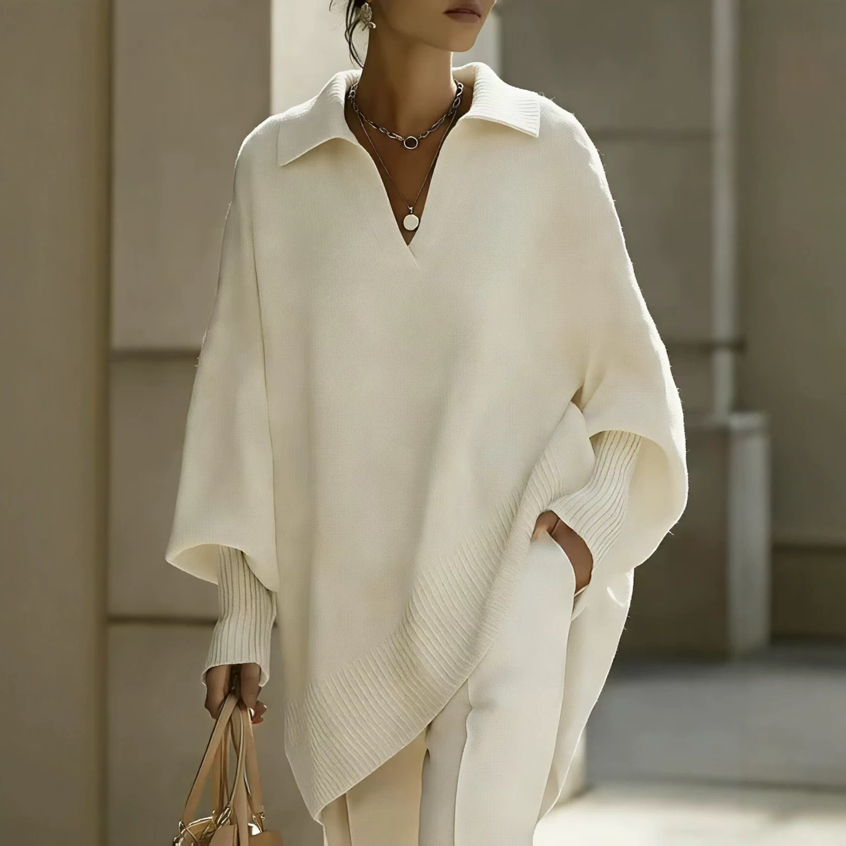 Women's Solid Color Long Sleeve V-Neck Loose Knit Sweater