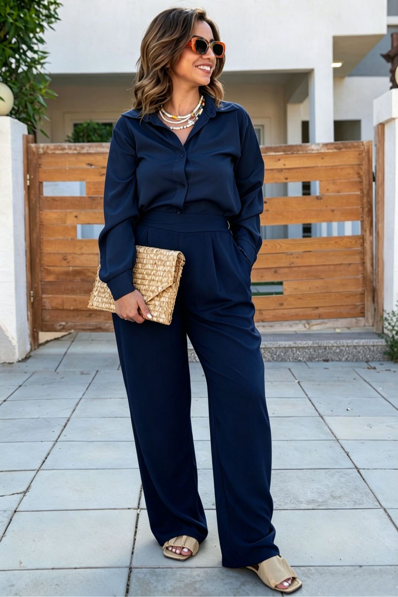V-Neck Loose Wide-Leg Pant Set