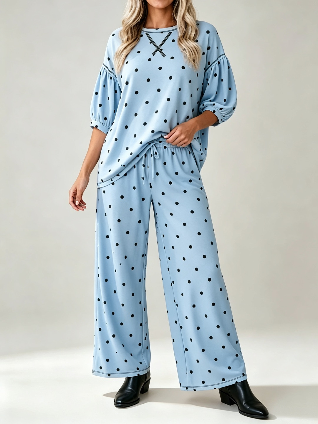 Women's Polka Dot Print Tie-Waist Wide-Leg Two-Piece Set