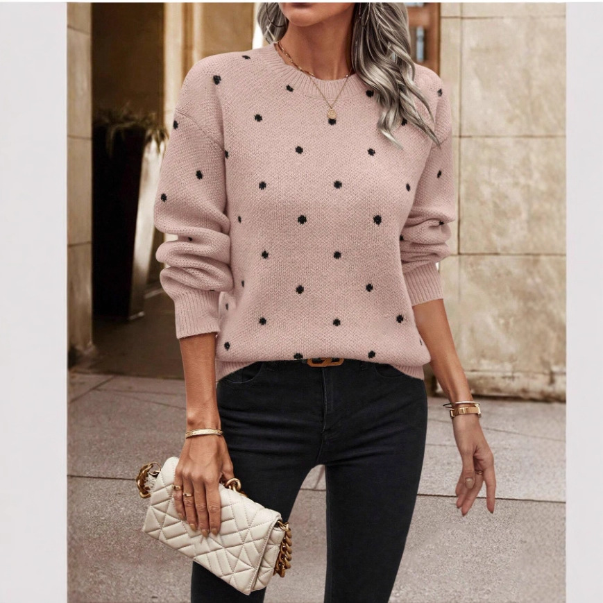 Polka Dot Jacquard Knit Pullover Sweater with Round Neck and Long Sleeves