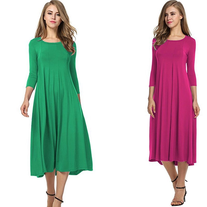 Women's Solid Color Flared Maxi Dress Round Neck Half Sleeve