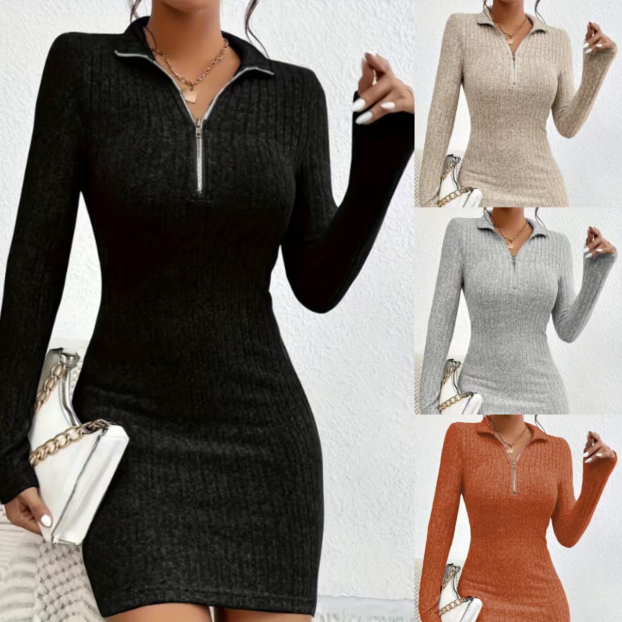 Women's Collared Zip-Up Long Sleeve Knit Bodycon Dress