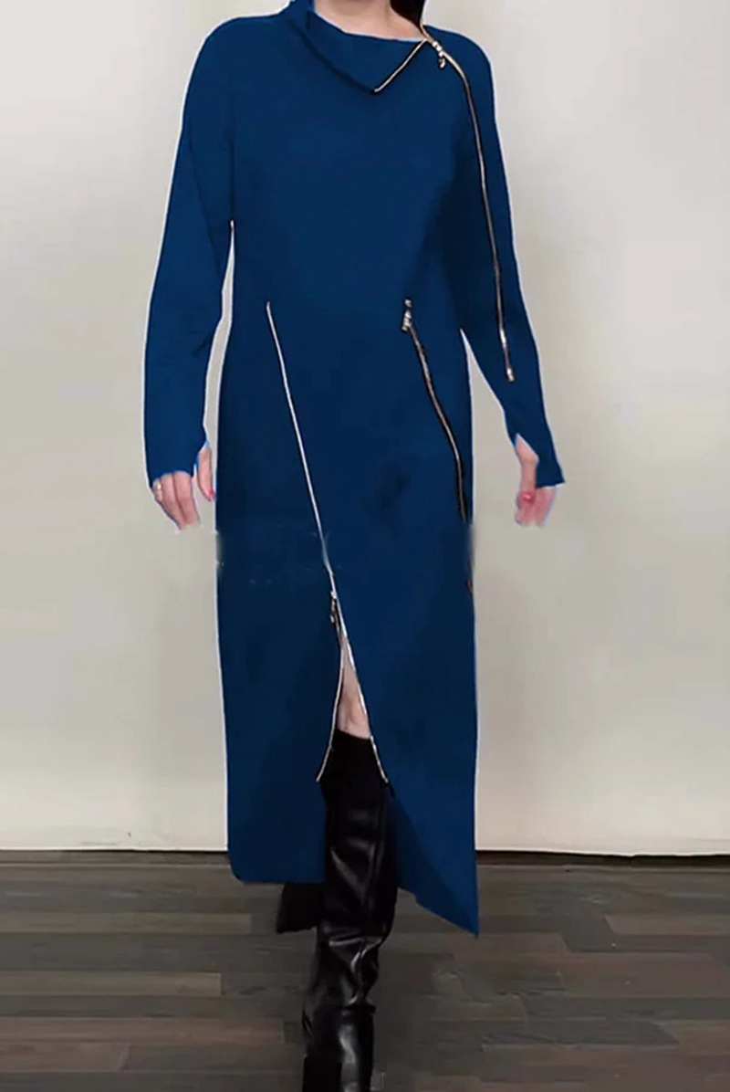 Women's Solid High Neck Zip Long Sleeve Dress
