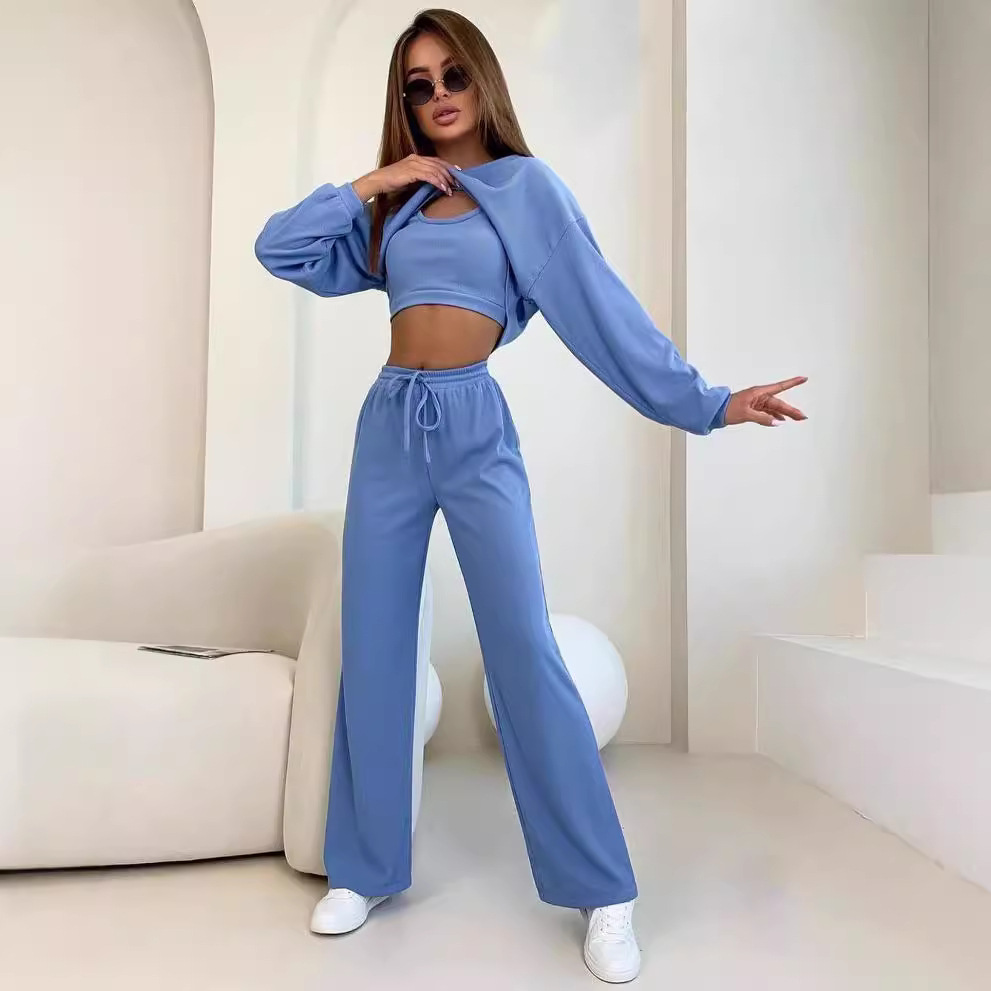 Women's 3-Piece Crop Top and Pants Set Long Sleeve Crew Neck