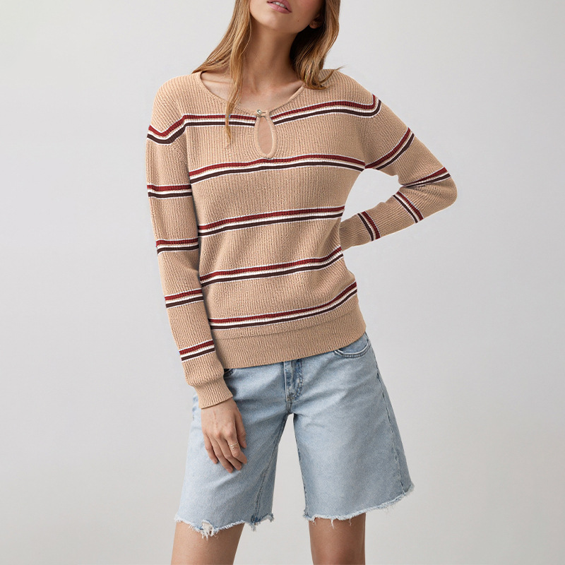 Women's Striped Crewneck Knit Sweater Slim Fit Long Sleeve Pullover