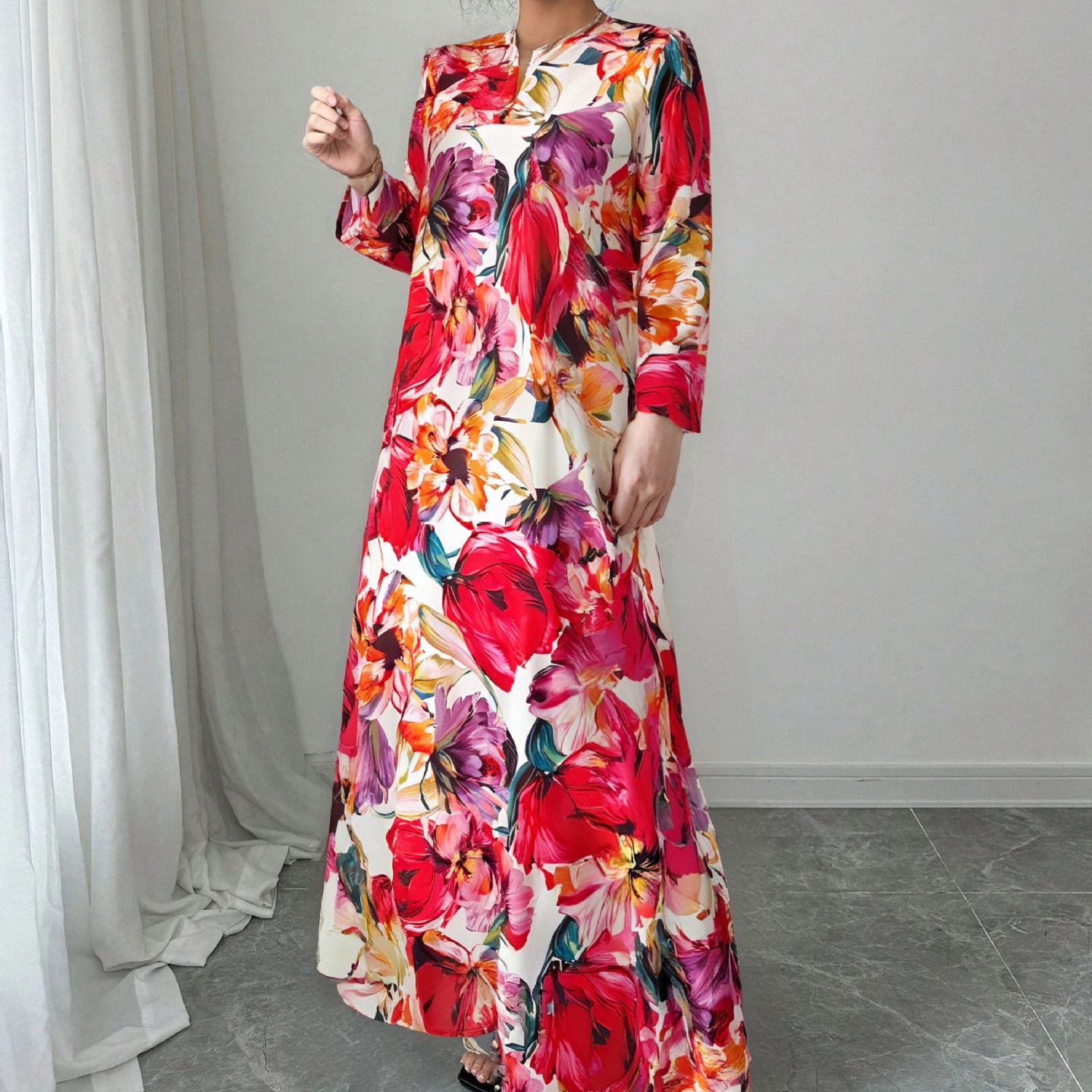 High-Saturation Colorblock Print Long Dress Loose Flattering A-Line V-Neck
