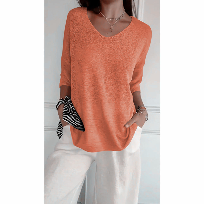 Women's V-Neck 3/4 Sleeve Solid Knit Top Slimming Casual Pullover