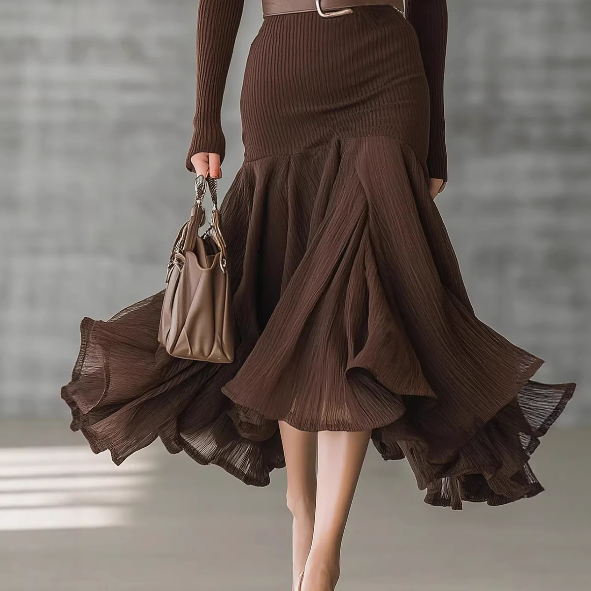 Solid Color V-Neck Long Sleeve Maxi Dress with Flared Skirt