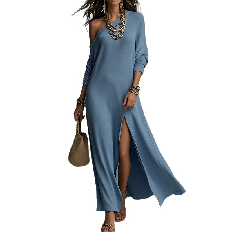Elegant One-Shoulder Slit Solid Color Long Dress