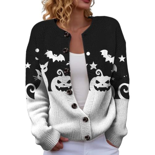 Halloween Pumpkin Castle Print Faux Knit Cardigan for Women