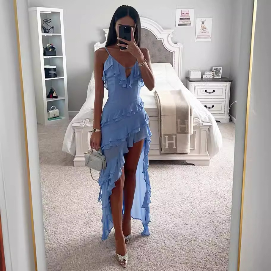 Women's Sleeveless Spaghetti Strap Asymmetrical Ruffle Hem Solid Dress