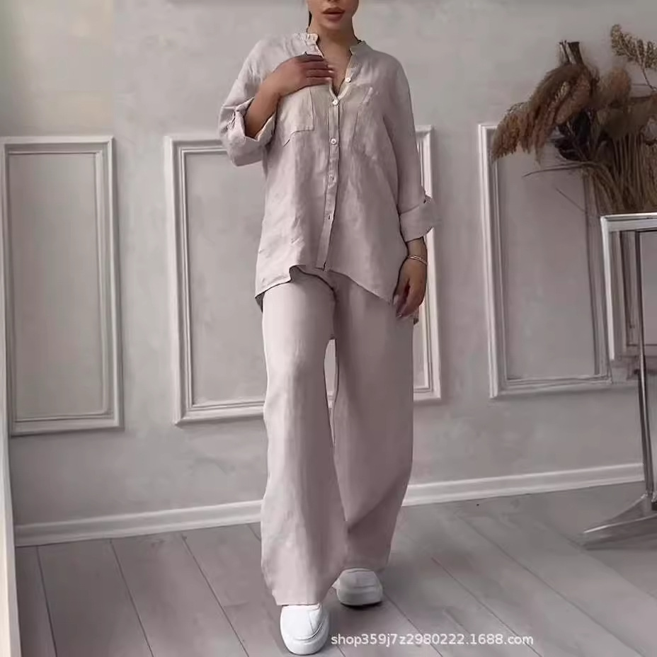 Cotton-Linen Solid Shirt & Drawstring Wide-Leg Pants Set