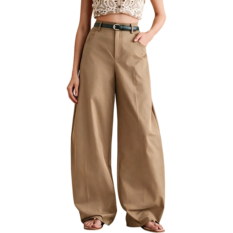 Women's Solid Curved Wide-Leg Pants Loose Straight Casual Trousers