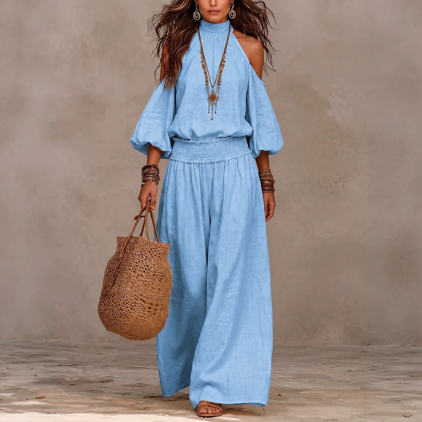 Women's Loose Long Sleeve Cutout Lantern Sleeve Two-Piece Set