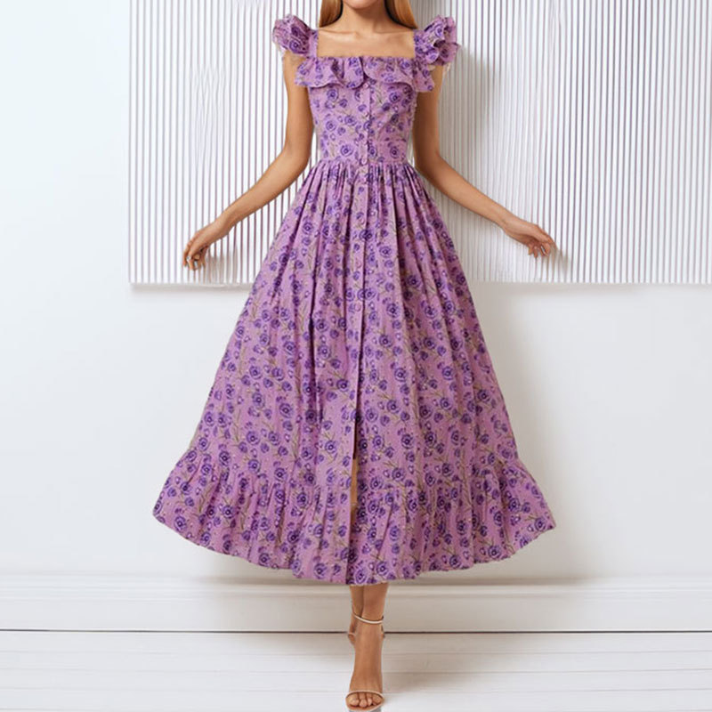 Women's Floral Print Ruffle Trim Square Neck Dress