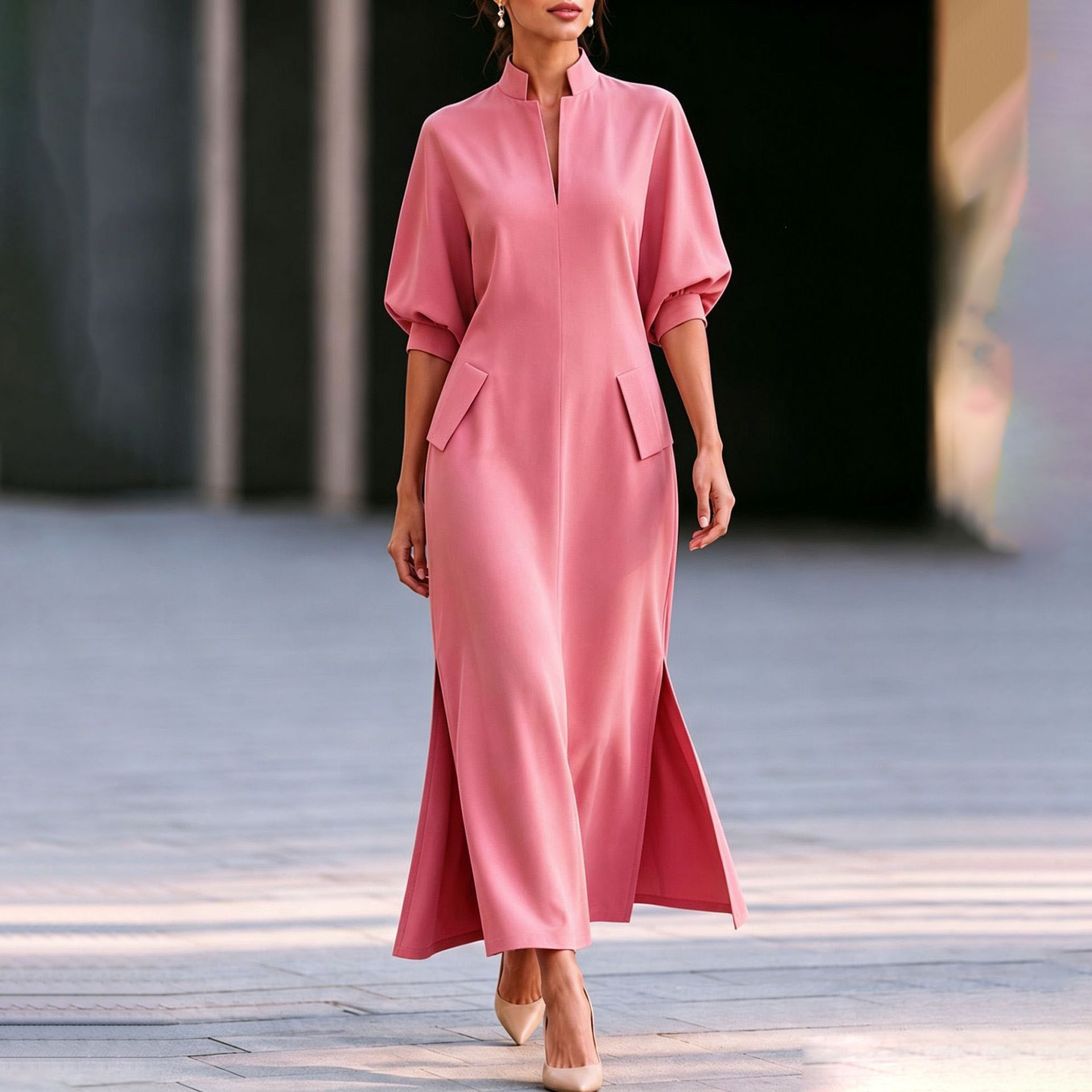 Elegant Stand Collar Lantern Sleeve High Slit Midi Dress