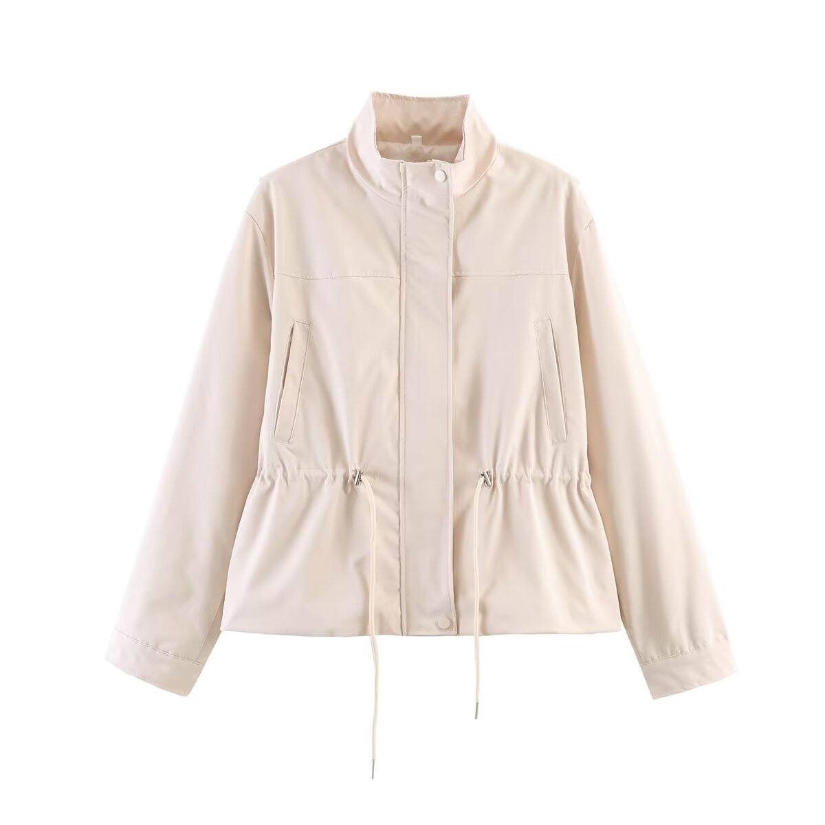 Women's Drawstring Waist Stand Collar Zip Jacket Casual Loose Fit